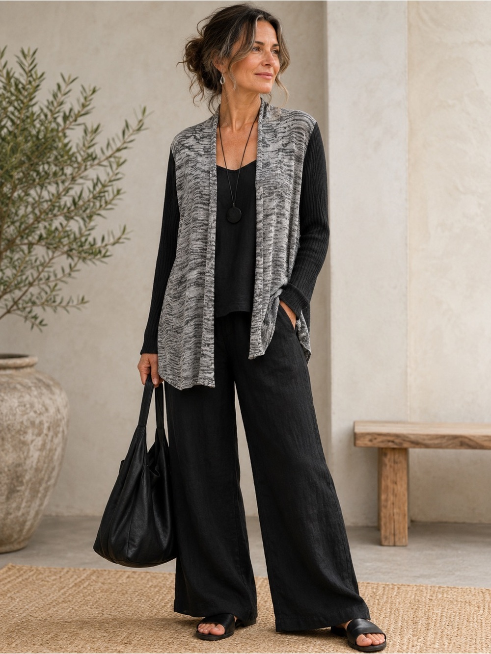 Eileen Fisher 100% Linen Open Front Marled Cardigan Italian Yarn Medium